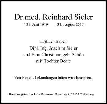 Traueranzeige von Reinhard Sieler von Nordwest-Zeitung