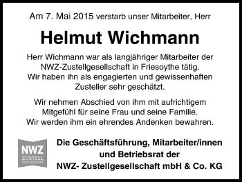 Traueranzeige von Helmut Wichmann von Nordwest-Zeitung