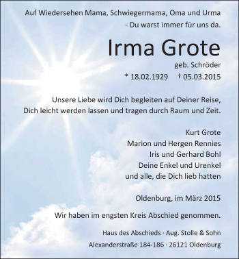 Traueranzeige von Irma Grote von Nordwest-Zeitung