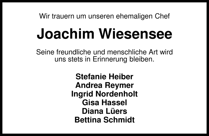  Traueranzeige für Joachim Wiesensee vom 29.08.2009 aus Nordwest-Zeitung