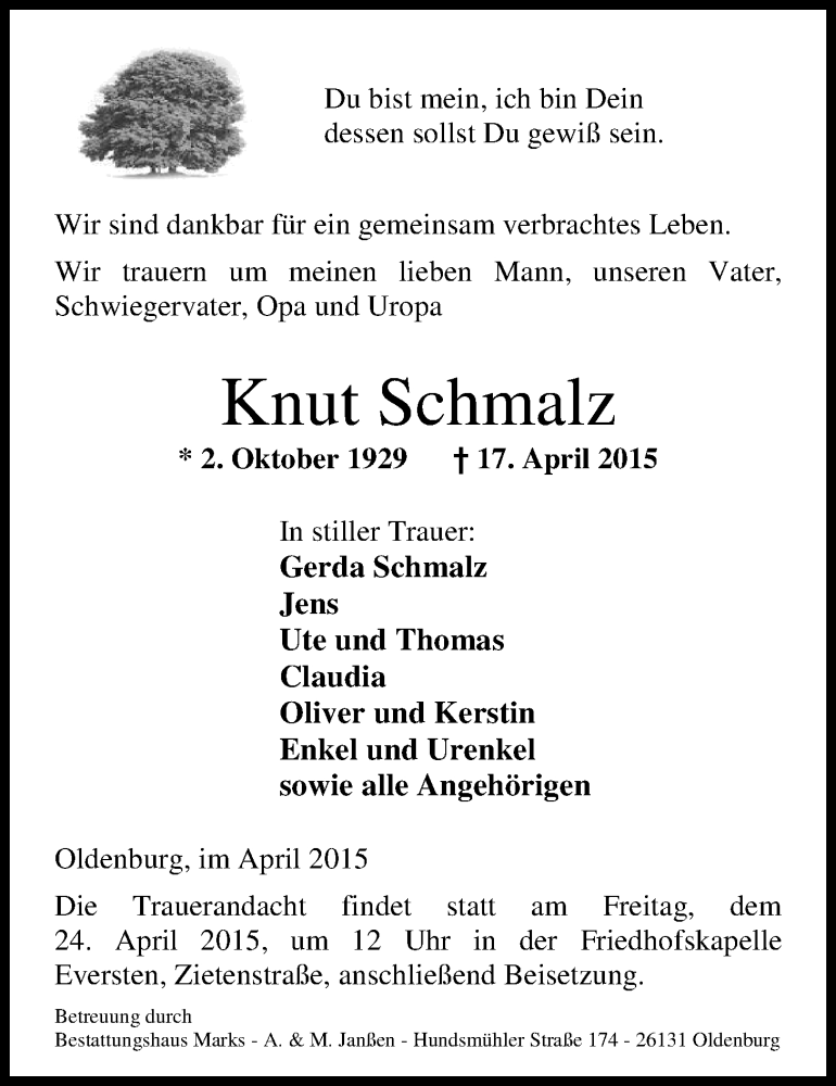 Traueranzeige für Knut Schmalz vom 20.04.2015 aus Nordwest-Zeitung