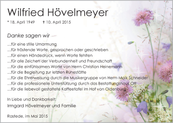 Traueranzeige von Wilfried Hövelmeyer von Nordwest-Zeitung