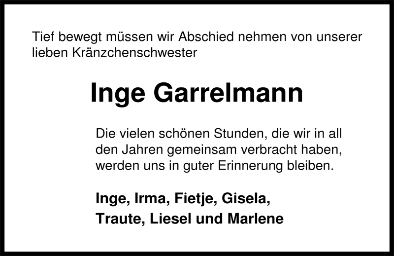  Traueranzeige für Inge Garrelmann vom 16.04.2009 aus Nordwest-Zeitung