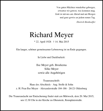Traueranzeige von Richard Meyer von Nordwest-Zeitung