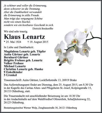 Traueranzeige von Klaus Lenartz von Nordwest-Zeitung