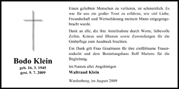 Traueranzeige von Bodo Klein von Nordwest-Zeitung