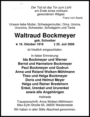 Traueranzeige von Waltraud Bockmeyer von Nordwest-Zeitung