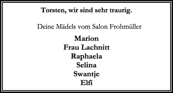 Traueranzeige von Torsten Frohmüller von Nordwest-Zeitung