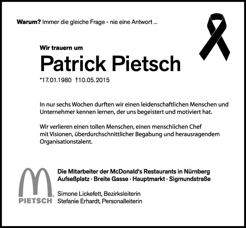  Traueranzeige für Patrick Pietsch vom 16.05.2015 aus Nordwest-Zeitung