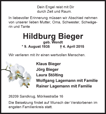 Traueranzeige von Hildburg Bieger von Nordwest-Zeitung