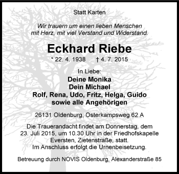 Traueranzeige von Eckhard Riebe von Nordwest-Zeitung