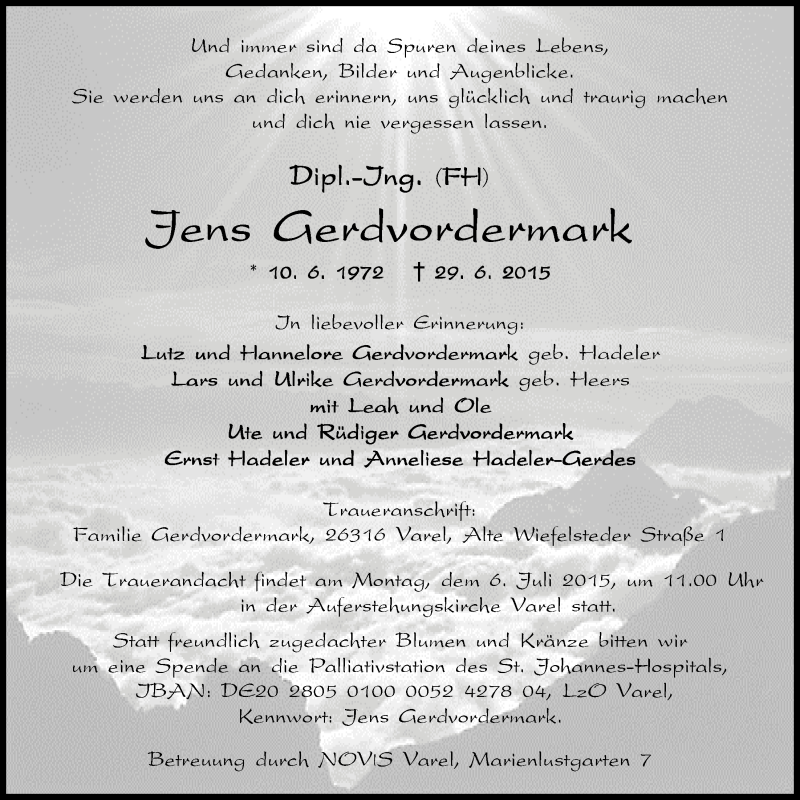  Traueranzeige für Jens Gerdvordermark vom 02.07.2015 aus Nordwest-Zeitung