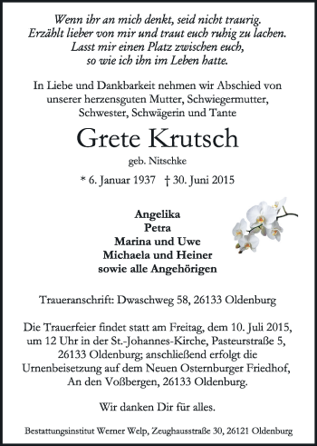 Traueranzeige von Grete Krutsch von Nordwest-Zeitung