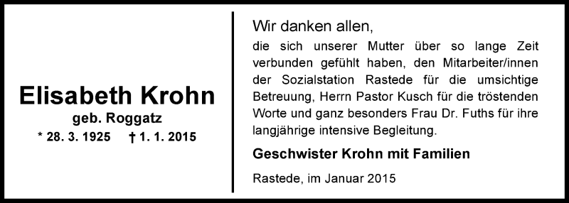  Traueranzeige für Elisabeth Dorothee Krohn vom 30.01.2015 aus Nordwest-Zeitung