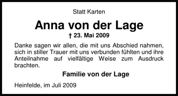 Traueranzeige von Anna von der Lage von Nordwest-Zeitung