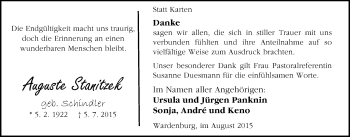 Traueranzeige von Auguste Stanitzek von Nordwest-Zeitung