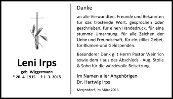 Traueranzeige von Leni Johanne Irps von Nordwest-Zeitung