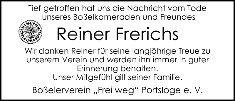  Traueranzeige für Reiner Frerichs vom 26.01.2015 aus Nordwest-Zeitung