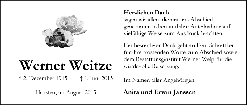  Traueranzeige für Werner Weitze vom 08.08.2015 aus Nordwest-Zeitung