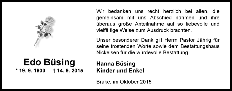 Traueranzeige für Edo Büsing vom 17.10.2015 aus Nordwest-Zeitung