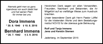 Traueranzeige von Dora Immens von Nordwest-Zeitung