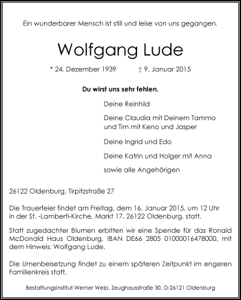 Traueranzeige von Wolfgang Lude von Nordwest-Zeitung