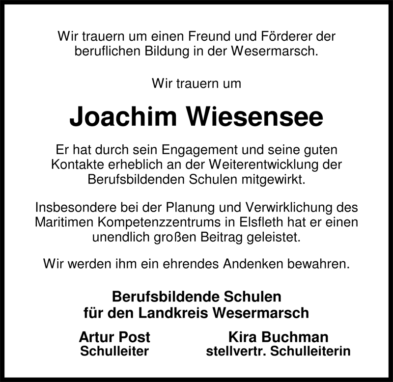  Traueranzeige für Joachim Wiesensee vom 29.08.2009 aus Nordwest-Zeitung
