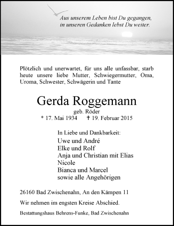 Traueranzeige von Gerda Roggemann von Nordwest-Zeitung