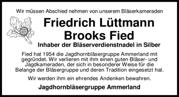 Traueranzeige von Friedrich Brooks Fied Lüttmann von Nordwest-Zeitung