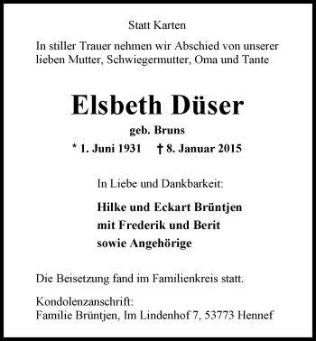 Traueranzeige von Elsbeth Düser von Nordwest-Zeitung