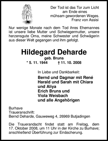 Traueranzeige von Hildegard Deharde von Nordwest-Zeitung