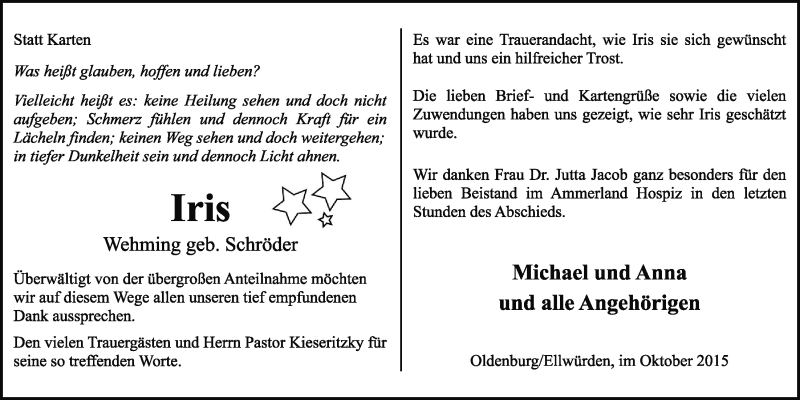  Traueranzeige für Iris Wehming vom 31.10.2015 aus Nordwest-Zeitung