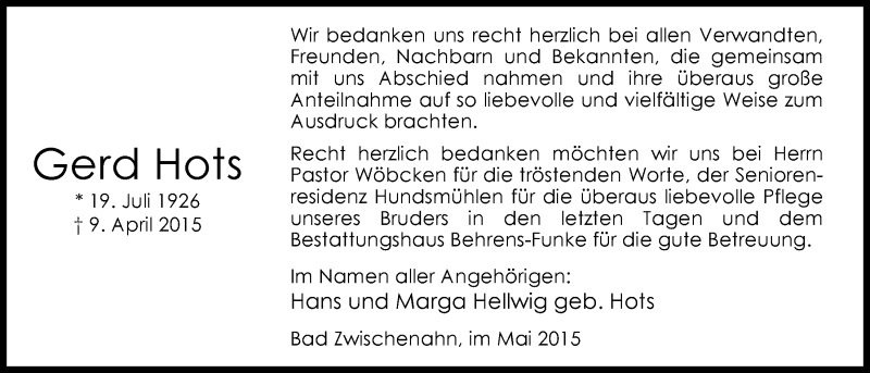  Traueranzeige für Gerd Hots vom 23.05.2015 aus Nordwest-Zeitung