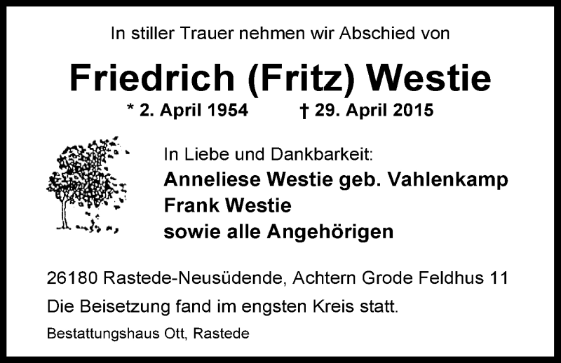  Traueranzeige für Fritz Westie vom 15.05.2015 aus Nordwest-Zeitung