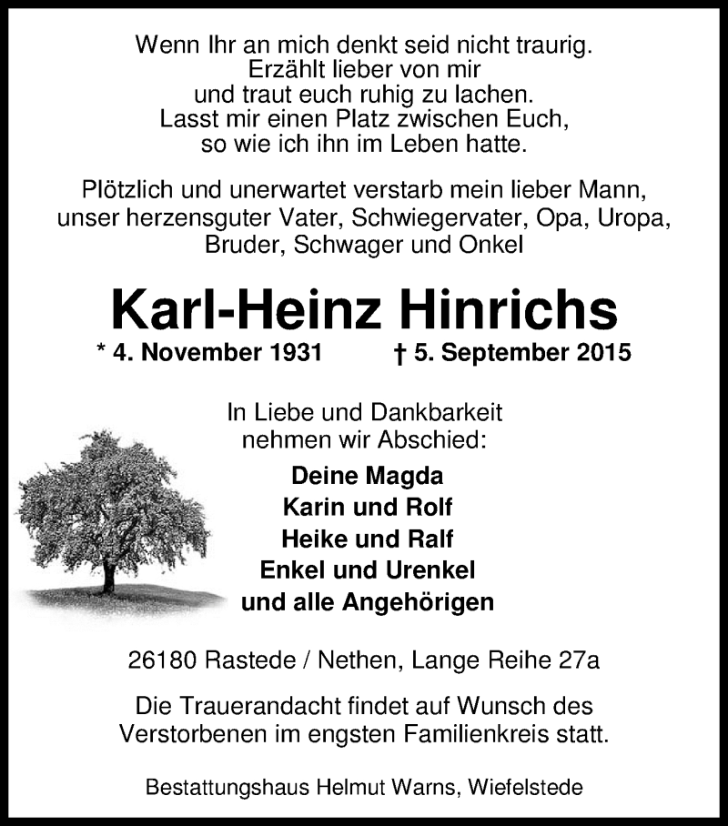  Traueranzeige für Karl-Heinz Hinrichs vom 07.09.2015 aus Nordwest-Zeitung