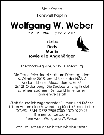 Traueranzeige von Wolfgang W. Weber von Nordwest-Zeitung