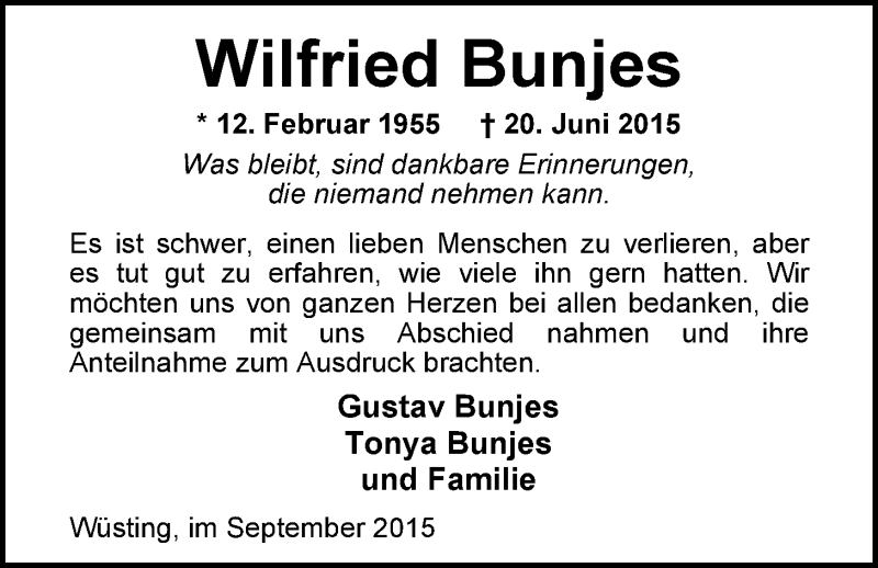  Traueranzeige für Wilfried Bunjes vom 12.09.2015 aus Nordwest-Zeitung