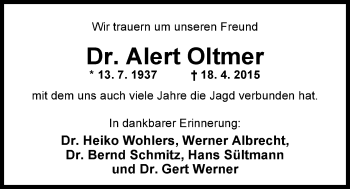 Traueranzeige von Dr. Alert Oltmer von Nordwest-Zeitung