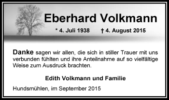 Traueranzeige von Eberhard Volkmann von Nordwest-Zeitung
