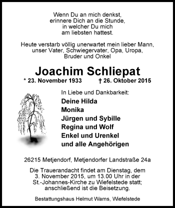 Traueranzeige von Joachim Schliepat von Nordwest-Zeitung