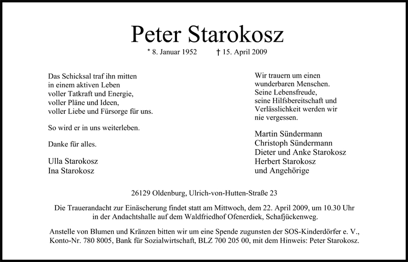  Traueranzeige für Peter Starokosz vom 18.04.2009 aus Nordwest-Zeitung