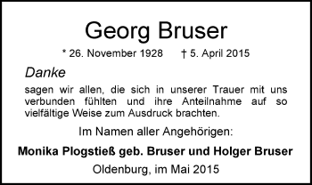 Traueranzeige von Georg Bruser von Nordwest-Zeitung