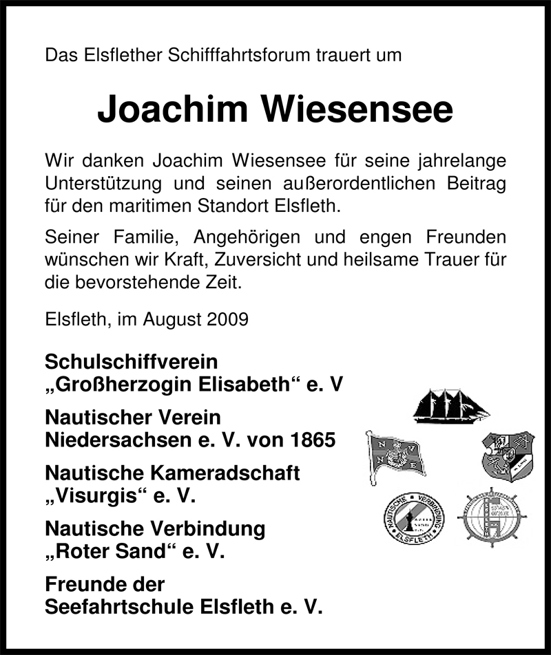  Traueranzeige für Joachim Wiesensee vom 29.08.2009 aus Nordwest-Zeitung