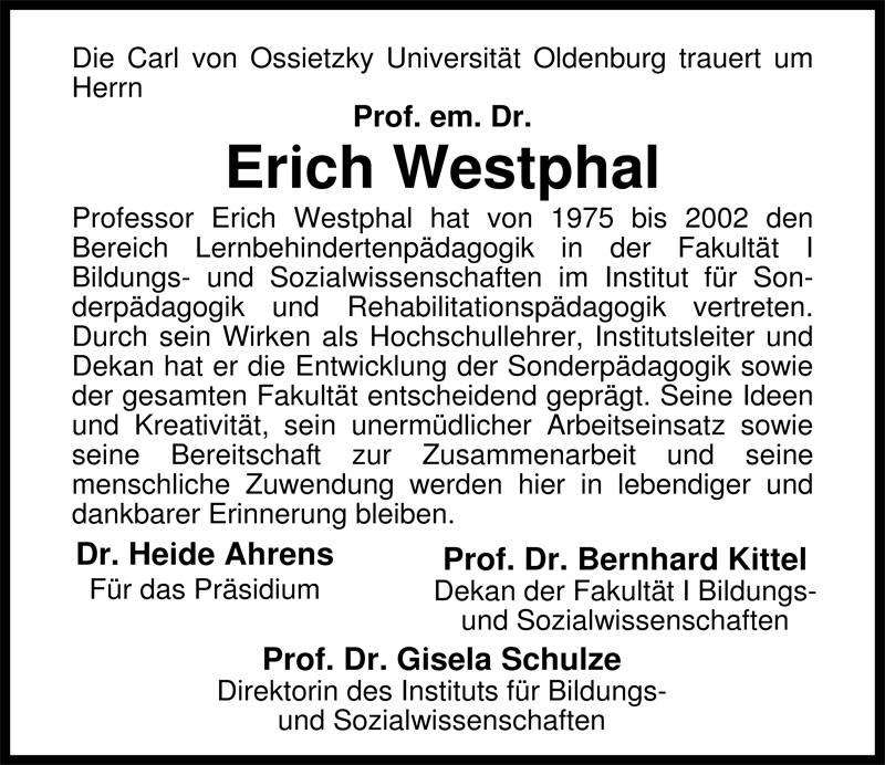  Traueranzeige für Erich Westphal vom 15.08.2009 aus Nordwest-Zeitung