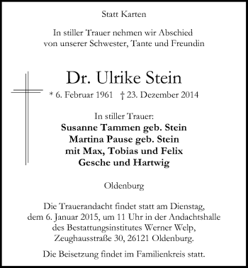 Traueranzeige von Ulrike Stein von Nordwest-Zeitung