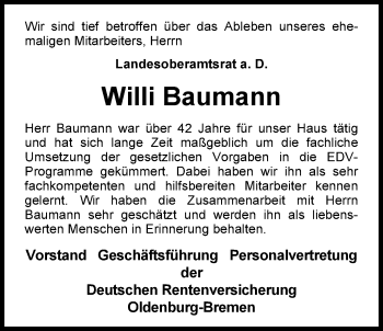 Traueranzeige von Willi Baumann von Nordwest-Zeitung