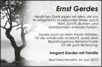 Traueranzeige von Ernst Gerdes von Nordwest Zeitung