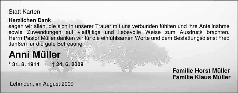  Traueranzeige für Anni Müller vom 29.08.2009 aus Nordwest-Zeitung