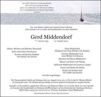 Traueranzeige von Gerd Middendorf von Nordwest-Zeitung