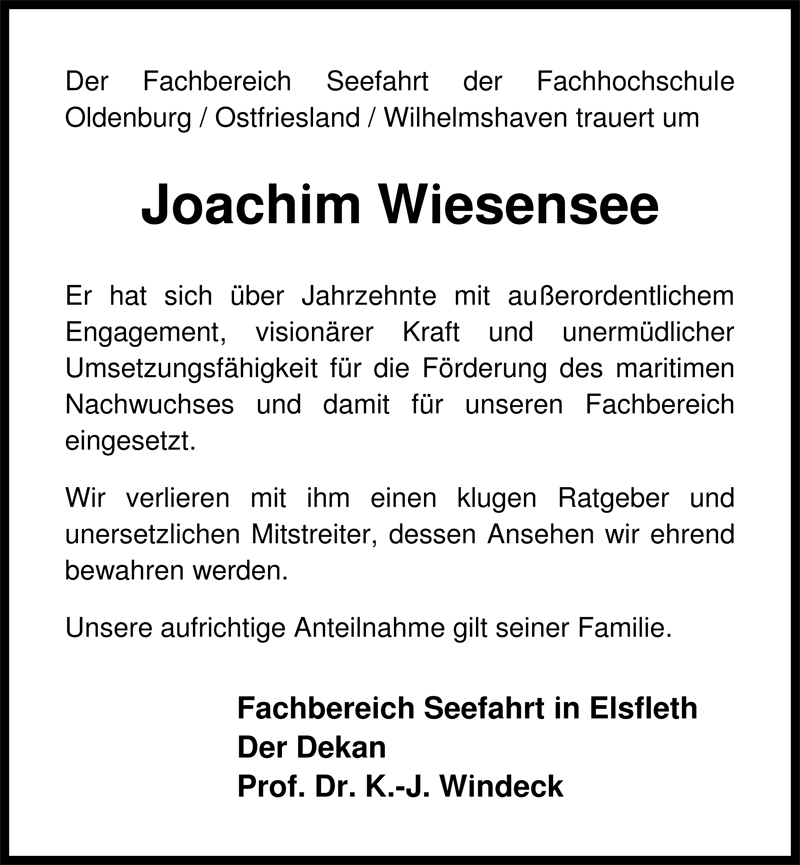  Traueranzeige für Joachim Wiesensee vom 29.08.2009 aus Nordwest-Zeitung